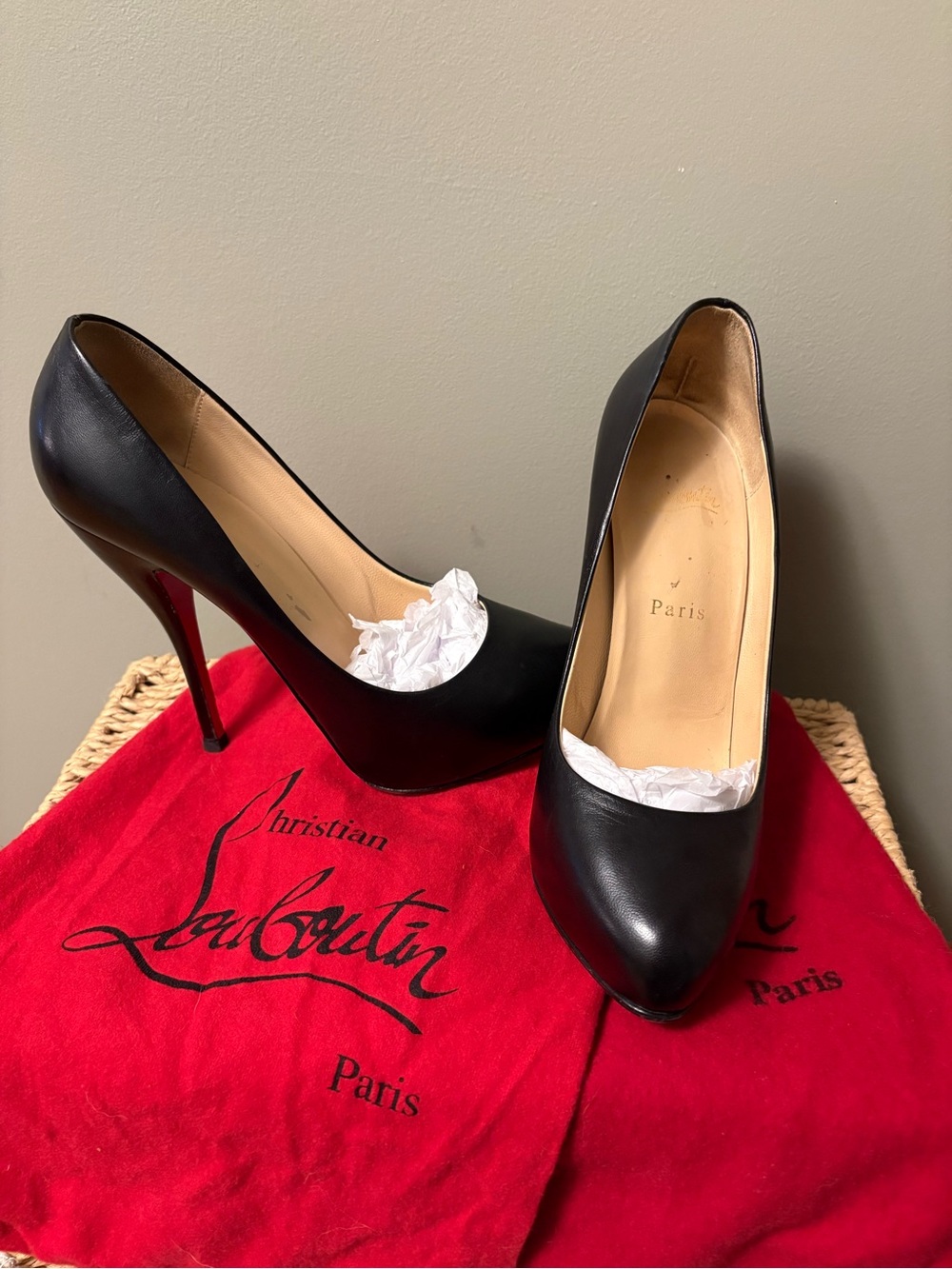 Christian Louboutin Black Leather Pointed-Toe Stiletto Heels with Red Soles